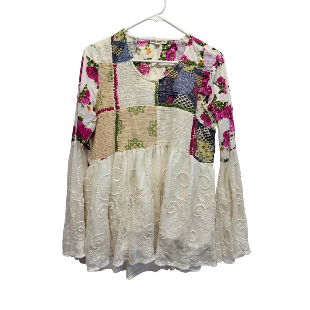 Indigo Thread Co Ivory Boho Hippie Artsy Patchwork Peplum Oversized Top S